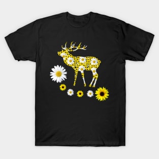 deer of sunflowers and daisies red deer floral pattern T-Shirt